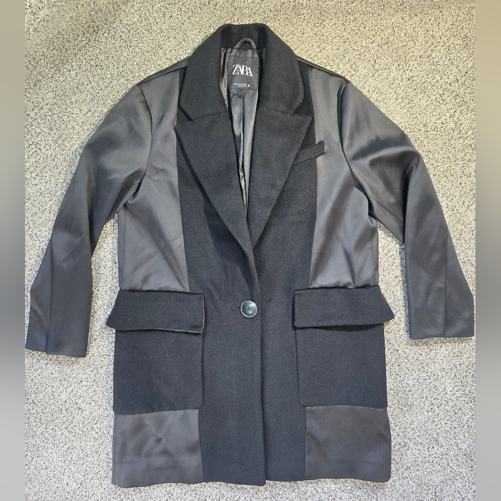 Zara Oversized Black Blazer Style Coat Duel Fabric Size Medium Womens EUC - Picture 2 of 11